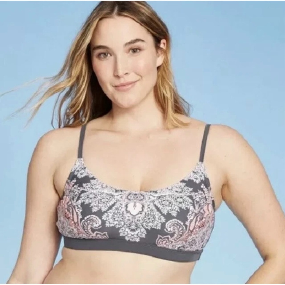 Kona Sol Gray and Pink Floral Paisley Padded Bralette Swim Top NWT Small